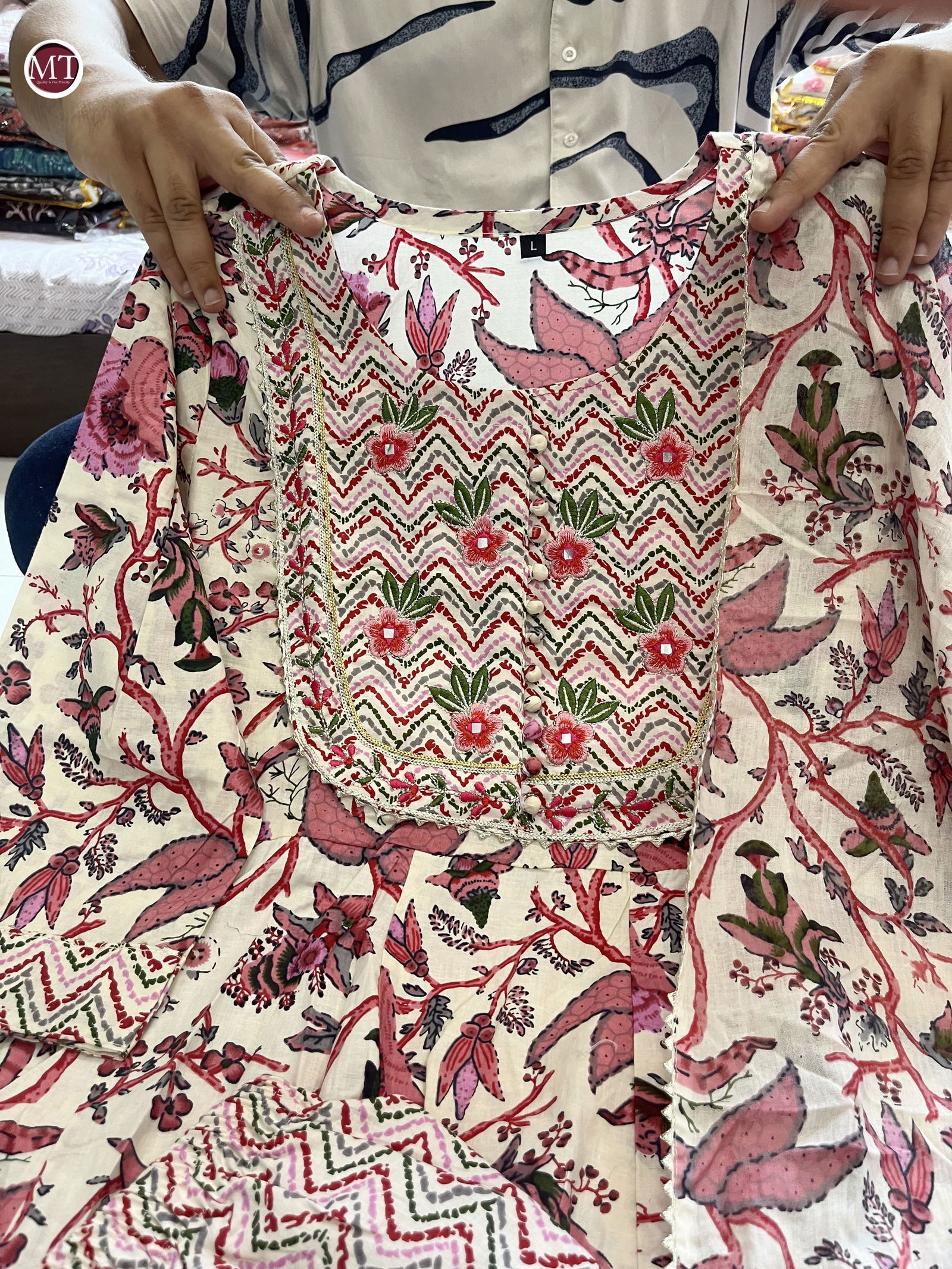MT Designer Printed Anarkali Cotton Kurti With Bottom Dupatta Wholesale Price In Surat
